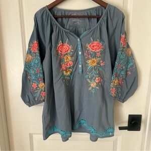 Kyla Seo Tami Blouse Caite Karyn Women's Sz S Embroidered Peasant Blue Boho